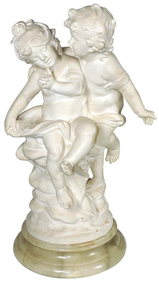 Decorative Italian Carved Alabaster Figural Group,: Decorative Italian Carved Alabaster Figural Group, c.1900, 2 young children, indistinguishable signature on back, VG cond overall w/a small loss on one finger, 24"H x 13"W x 11"D.
