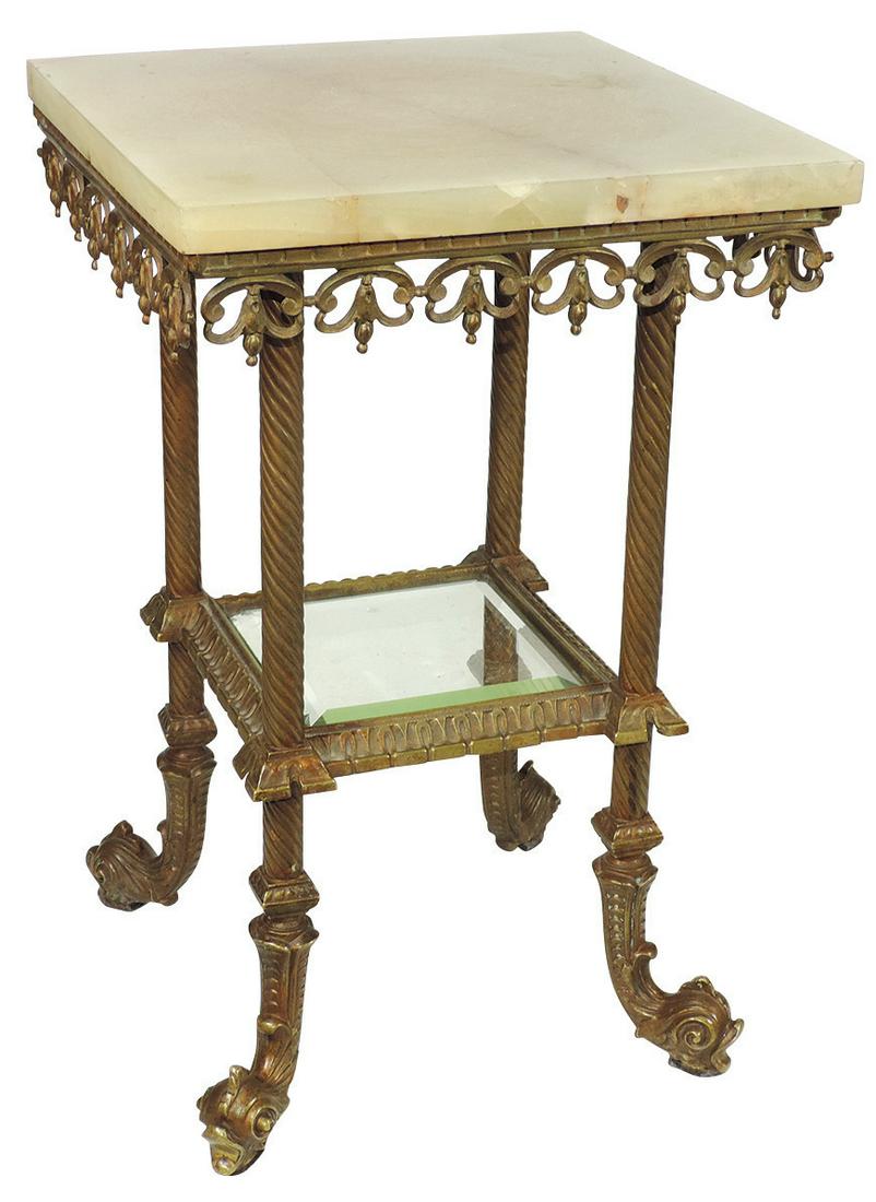 Furniture, Victorian Gilt Bronze and Onyx Fern Stand: Furniture, Victorian Gilt Bronze and Onyx Fern Stand w/Dolphin Head Feet, Good/VG cond noting chips on beveled glass insert & nicks/scratches to onyx top, 18"H x 12"Sq.