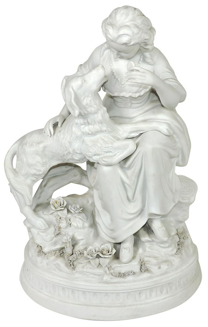Decorative German Parian Ware Figural Group, "Girl with: Decorative German Parian Ware Figural Group, "Girl with Dog", c.1900, applied flowers at base, marked "Germany", Good to VG cond w/a few nicks to flowers, 15"H x 9.5"W x 7"D.