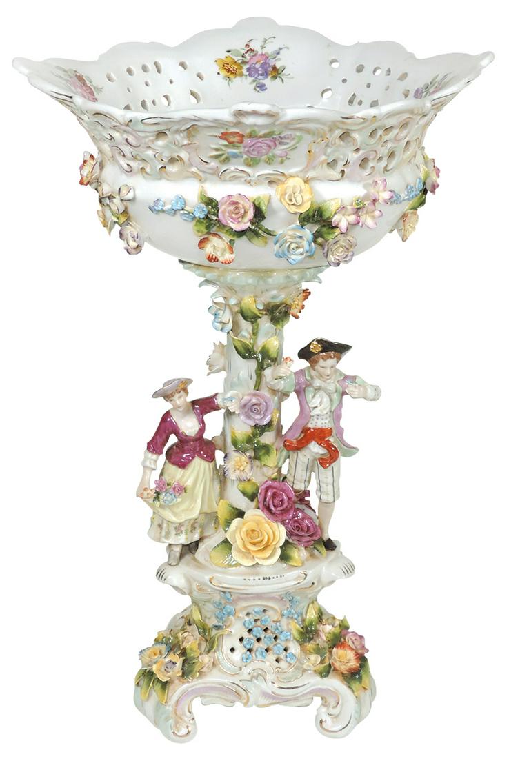 Decorative Dresden Style Figural Porcelain Compote,: Decorative Dresden Style Figural Porcelain Compote, 20th Century, two figures under a reticulated rim basket, hand painted w/applied florals throughout, Altwasser Germany style backstamp, Exc cond w/n