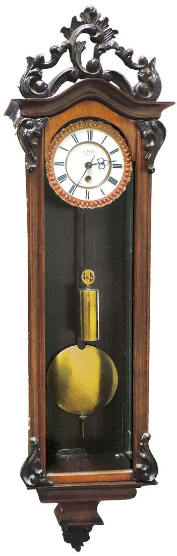 Clock, Biedermeier Vienna Regulator Wall Clock, first: Clock, Biedermeier Vienna Regulator Wall Clock, first half 19th Century, Johann Salfer 8-day, walnut case w/brass movement, VG to Exc working cond, 35"H x 9.5"W x 4"D.