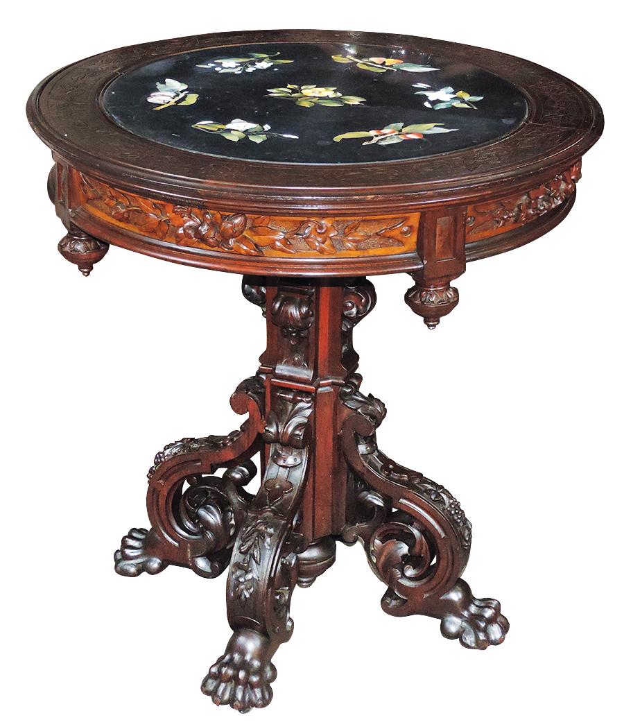 Furniture, Parlor Table, Very Fine 19th Century: Furniture, Parlor Table, Very Fine 19th Century Italianate Carved Walnut, Satinwood & Pietra dura, carved openwork scrolled bracket legs w/lion's paw feet below a circular top w/floral carved satinwoo