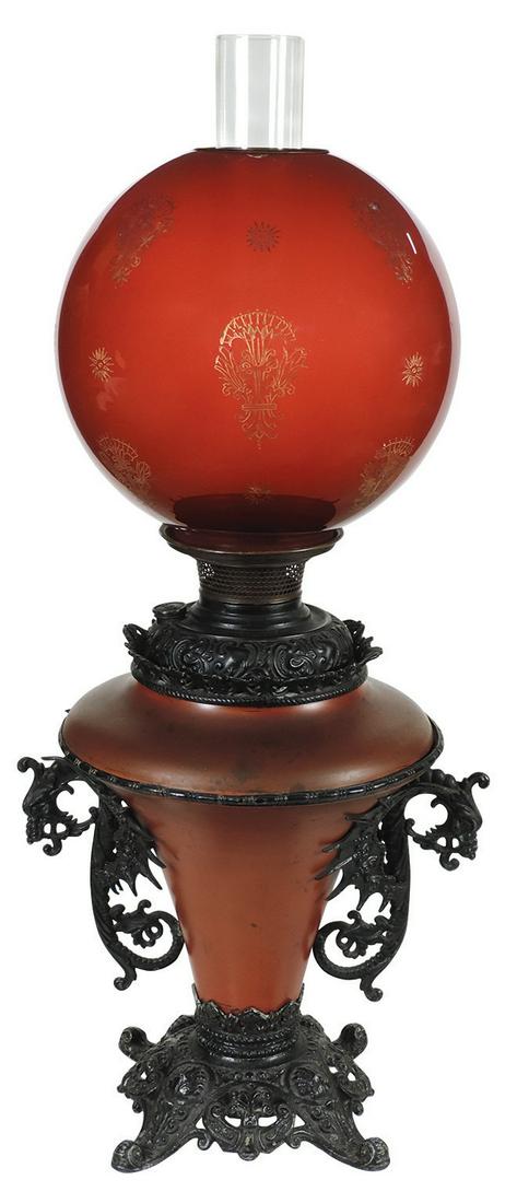 Lighting, Bradley & Hubbard "Dragon" Parlor Lamp, cast: Lighting, Bradley & Hubbard "Dragon" Parlor Lamp, cast metal & painted tin w/period etched glass globe, VG cond w/some wear to orig finishes, 27"H x 10" Dia.