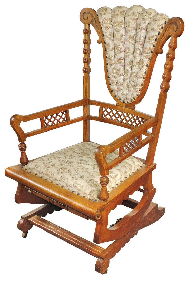 Furniture, Victorian Aesthetic Oak Platform rocker,: Furniture, Victorian Aesthetic Oak Platform rocker, fan-shaped back, applied oak cabochons, diamond fretwork & attractive pleated upholstery, an early "room ready" chair in VG-Exc cond, 43"H x 23"W x 