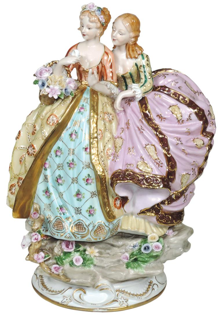 Decorative Figural Porcelain Group, 20th Century,: Decorative Figural Porcelain Group, 20th Century, modeled as 2 Young women in ball gowns, hand painted features & applied flowers, Richard Klemm style Dresden Germany backstamp, Exc cond overall notin