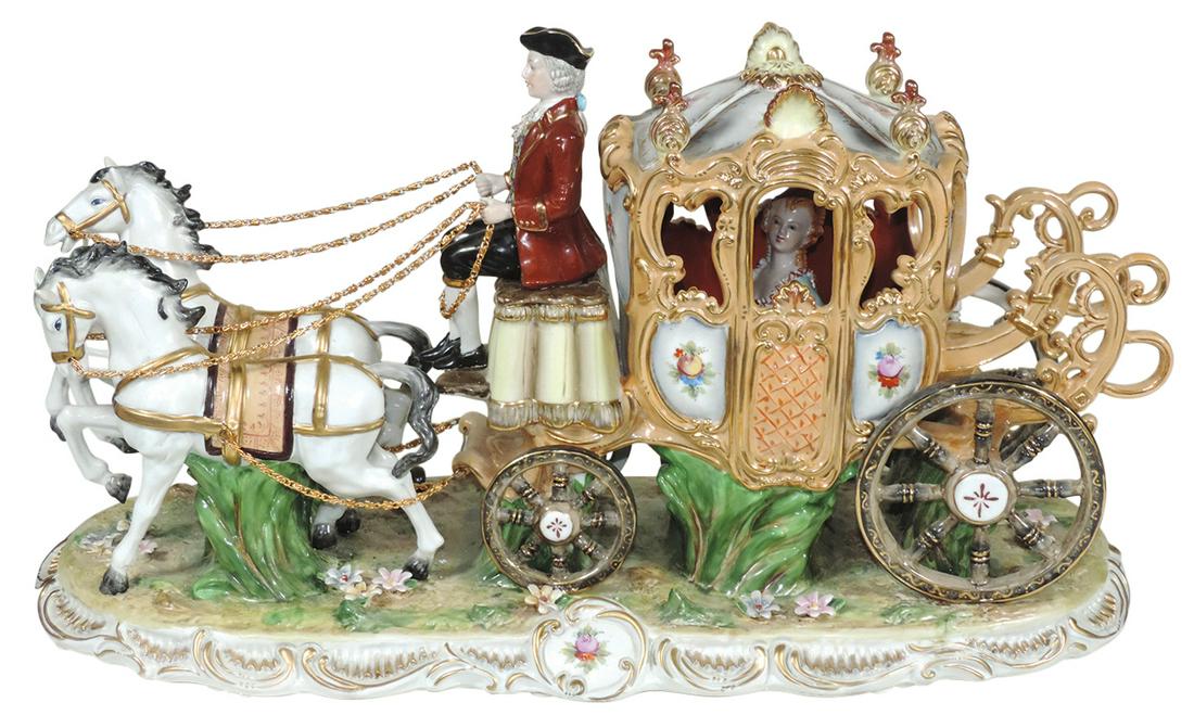 Decorative Dresden Style Carriage Group, 20th Century,: Decorative Dresden Style Carriage Group, 20th Century, painted porcelain modeled as a noble woman in coach w/driver & 2 horses, Richard Klemm style Dresden Germany backstamp, Exc cond w/no chips, crac