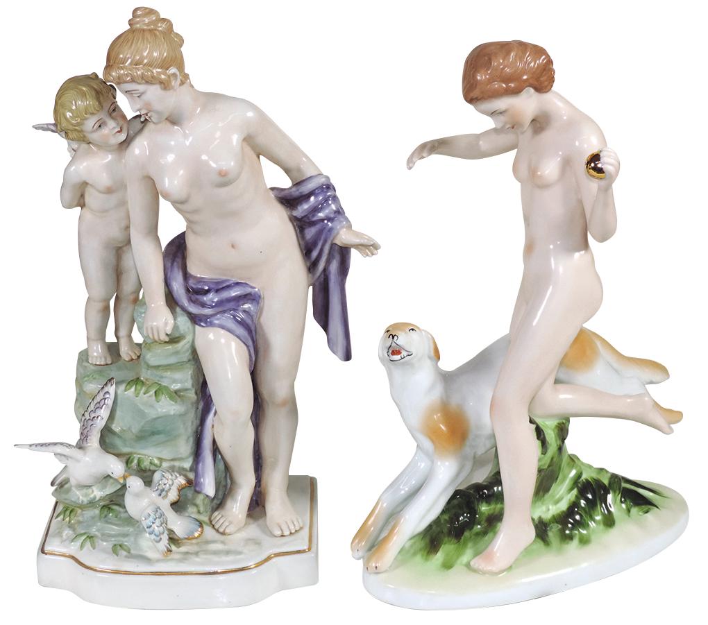 Decorative Porcelain Figural Nudes (2), 20th Century,: Decorative Porcelain Figural Nudes (2), 20th Century, German Art Deco Girl w/Hound by "Neundorf" & a Venus & Cupid w/Altwasser style eagle backstamp, Exc cond w/no chips, cracks or repairs, 14.25"H & 