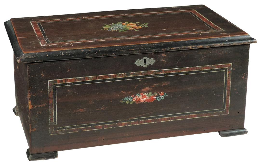 Musical, Victorian Swiss Music Box, "Tambour Timbres",: Musical, Victorian Swiss Music Box, "Tambour Timbres", single cylinder playing 10 aires, c.1890, 3.5" drum & three bells w/butterfly & dragonfly strikes, mechanism in working cond, plays slow w/weak d