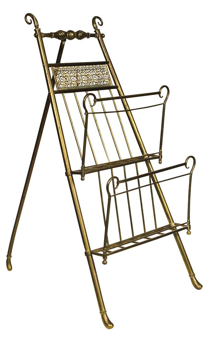 Victorian Brass Music or Magazine Stand, c.1900,: Victorian Brass Music or Magazine Stand, c.1900, folding easel form w/pierced panel & scrolled terminals, Exc cond, 36"H x 16"W.