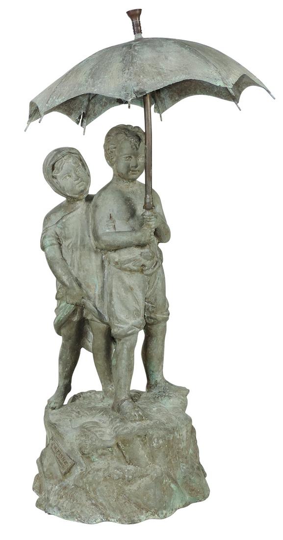 Victorian Figural Garden Fountain, by J.W. Fiske, 19th: Victorian Figural Garden Fountain, by J.W. Fiske, 19th Century patinated zinc, modeled as a young boy & girl w/umbrella, plumbed for water w/droplets forming at umbrella bow tips & sprinkler head fini