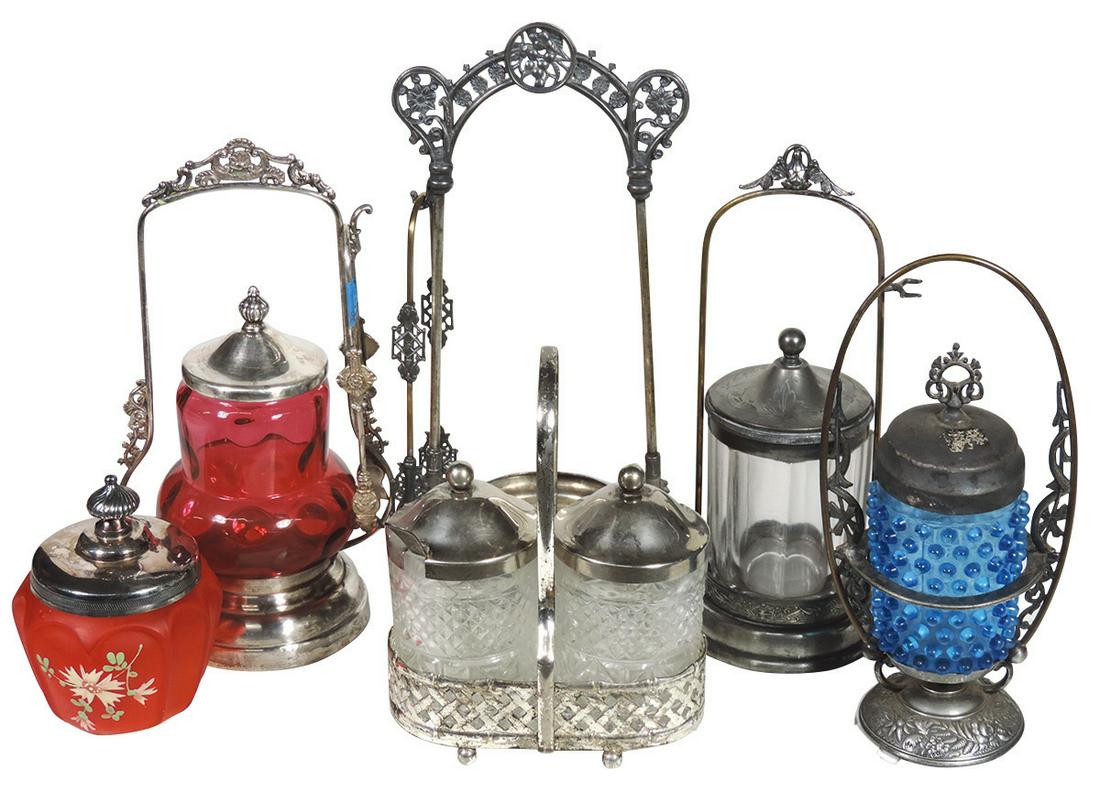 Victorian Table Setting (5), Inverted Thumbprint: Victorian Table Settings (5), Inverted Thumbprint cranberry pickle castor in frame, satin pigeon blood covered sugar, "Webster & Son" castor stand, blue hobnail pickle castor, clear paneled castor & d