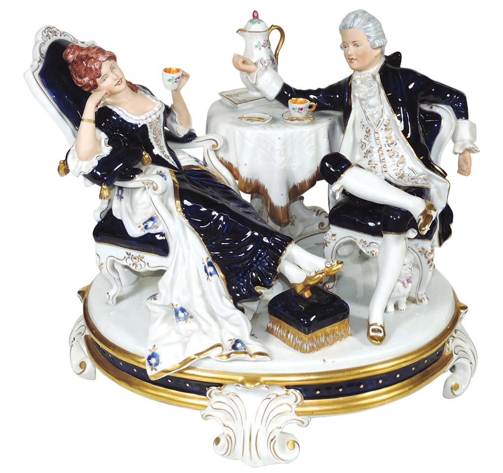 Decorative, Large Royal Dux Figural Porcelain Group,: Decorative, Large Royal Dux Figural Porcelain Group, Czech 20th Century, "The Tea Party", hand painted w/gilt highlights, backstamp on base w/applied pink triangle & shape #1959, Exc cond w/no chips, 