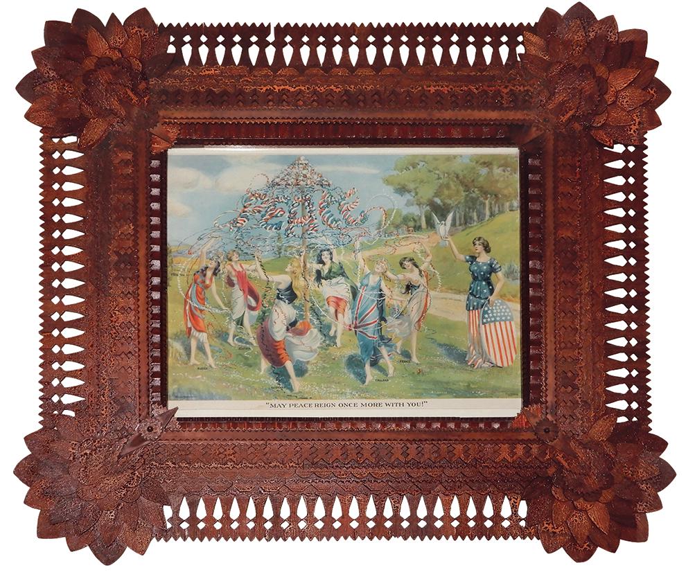 Tramp Art Framed Lithograph, c.1900, large 10-layered: Tramp Art Framed Lithograph, c.1900, large 10-layered scroll cut panels w/open work, arrow border design & overlapping leaf & rosette corners, contains a WWI period litho "May Peace Reign Once More Wi