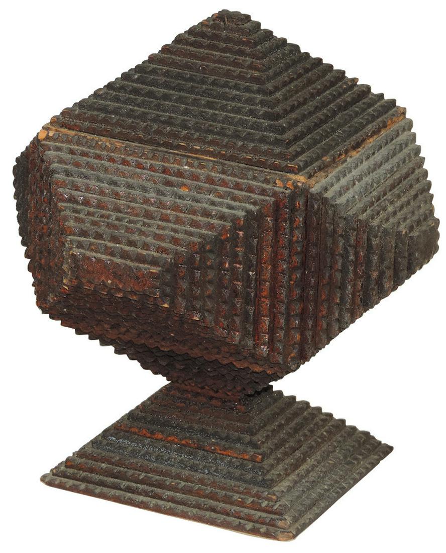 Tramp Art Box, chip carved Folk Art, layered wood: Tramp Art Box, chip carved Folk Art, layered wood hinged box on pedestal base, cover retaining orig cigar label, VG cond w/normal edge wear & detached paper hinge, 10"H x 8"W x 8"D.