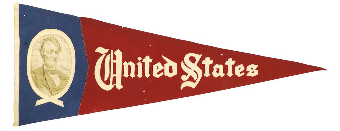Patriotic Lincoln Pennant, "United States", blue & red: Patriotic Lincoln Pennant, "United States", blue & red felt w/silk portrait of our 16th President (1861-1865), small scattered holes in felt, o/wise Exc cond, 17"H x 43"W.