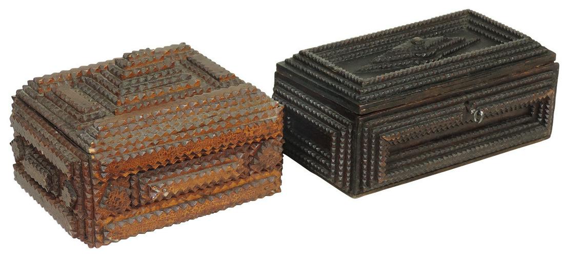 Tramp Art Boxes (2), chip carved Folk Art, c.1900, each: Tramp Art Boxes (2), chip carved Folk Art, c.1900, each w/staggered layers, one w/wallpaper interior, other w/orig cigar label for Pete Dailey Cigars, VG cond, one w/detached hinge, 4"H x 9"W x 6"D.