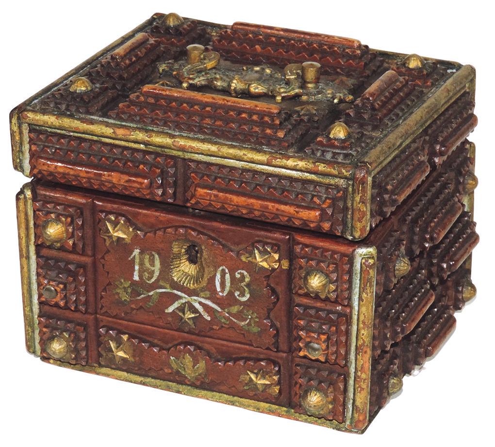 Tramp Art Box, chip carved Folk Art dated 1902, layered: Tramp Art Box, chip carved Folk Art dated 1903, layered designs w/silver & gold painted accents, brass buttons, decorated 1903 below keyhole, red velveteen interior, VG cond w/normal edge wear, paint 