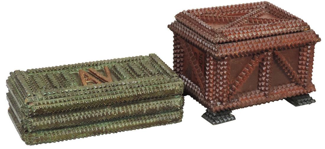 Tramp Art Boxes (2), chip carved Folk Art, c.1900,: Tramp Art Boxes (2), chip carved Folk Art, c.1900, green painted glove box w/"AV" initials on lid & a footed dresser box, VG cond w/normal wear, 3"H x 10"W x 4.5"D & 6"H x 8"W x 6"D.