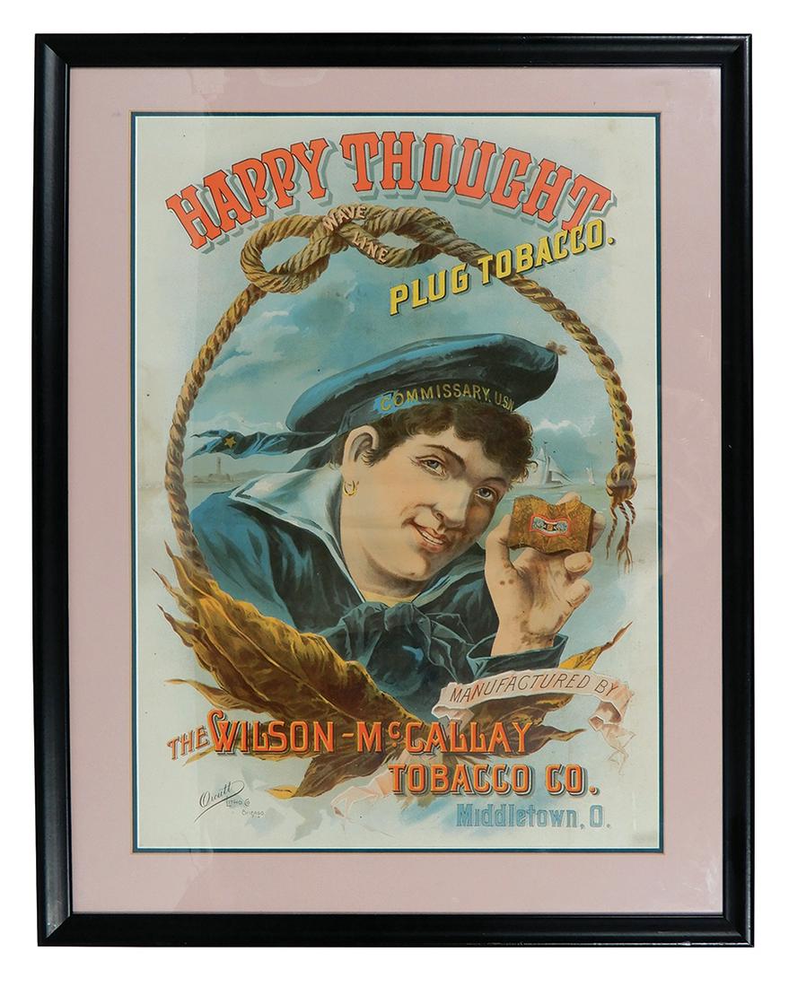 Tobacciana Sign, "Happy Thought Plug Tobacco", mfgd by: Tobacciana Sign, "Happy Thought Plug Tobacco", mfgd by Wilson-McCallay Tobacco Co., colorful litho on paper of a 19th Century Sailor by Orcutt Litho-Chicago, VG/Exc cond w/some light spotting, image 2