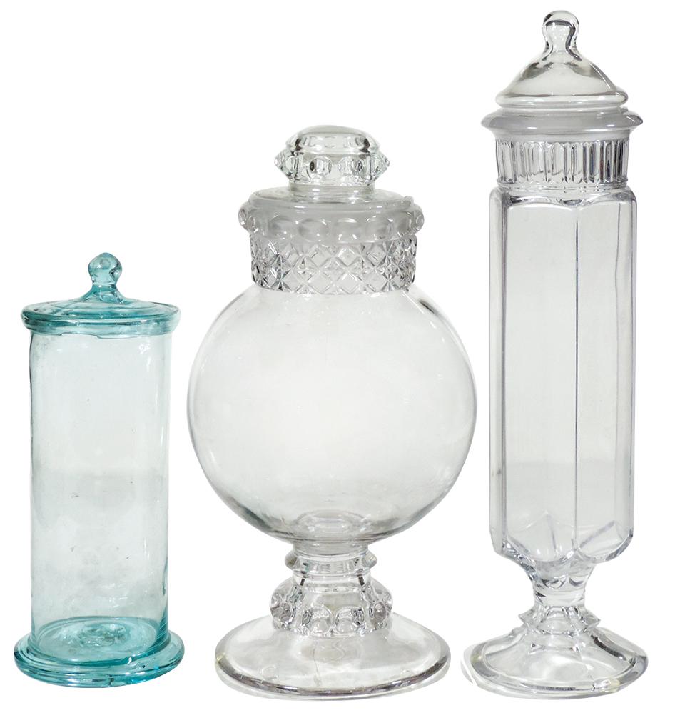 Candy Show Jars (3), large Dakota Globe, paneled: Candy Show Jars (3), large Dakota Globe, paneled Colonial w/replacement lid & blown aqua glass jar w/applied foot rim, Dakota jar w/a ground rim chip, all Exc cond unless noted, largest 18.5"H.