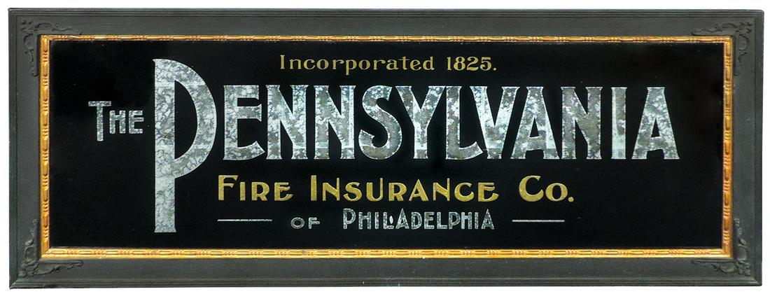 Insurance Co. Reverse Painted Glass Sign, "The: Insurance Co. Reverse Painted Glass Sign, "The Pennsylvania", gold & silver foil on black ground, orig frame w/corner decoration, c.1910, Exc cond w/some darkening to silver, 15.5"H x 39.5"W.