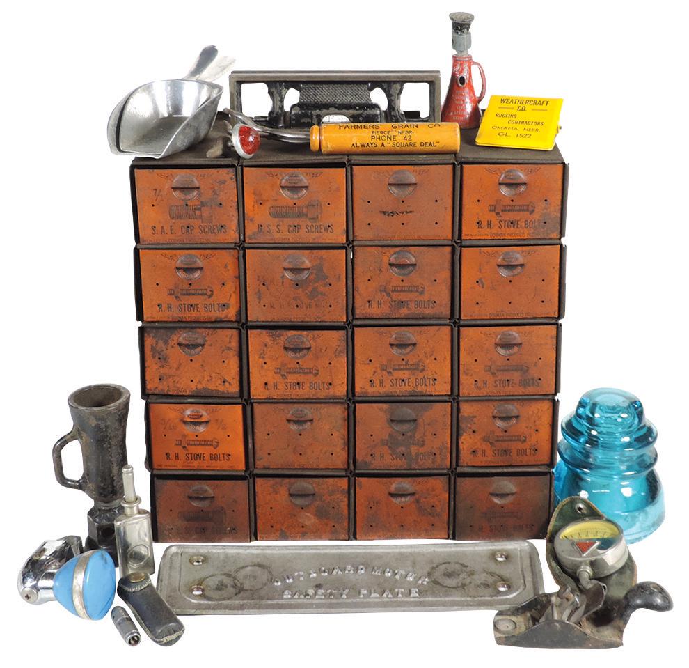 Hardware cabinet & tools (approx 25), includes a 20: Hardware cabinet & tools (approx 25), includes a 20 drawer tin cabinet labeled for various sized stove bolts, Starret machinist's level, machinist's jack, Simplex miniature jack, Stanley #100 plane, A