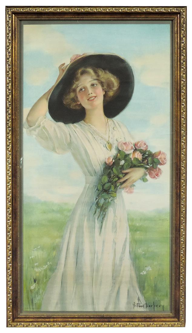Victorian Lithograph, after R. Ford Harper beautiful: Victorian Lithograph, after R. Ford Harper, beautiful young woman w/Roses, litho by Forbes Litho Mfg., c.1910, embossed gilt frame, Good to VG cond w/two 1.5" tears on right edge, 30.5"H x 17.25"W.