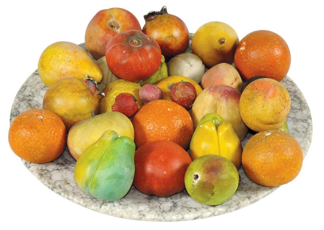 Victorian Table Setting (28), carved stone fruit of: Victorian Table Setting (28), carved stone fruit of various types & sizes on a later carved marble tray, VG cond w/some age wear, 14" Dia.