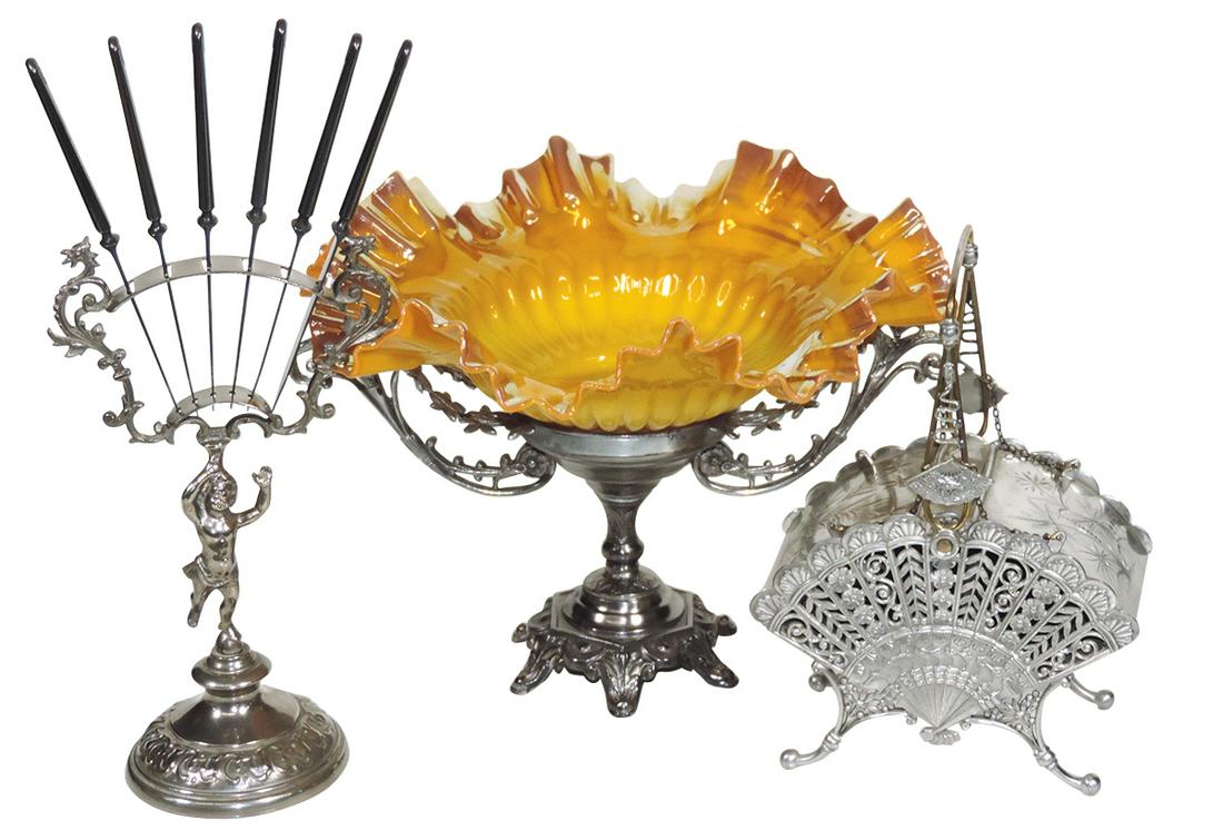Victorian Table Settings (3), Butterscotch glass bride: Victorian Table Settings (3), Butterscotch glass bride's basket & stand, "Pairpoint" fan sided holder & a figural fruit knife stand, VG & Exc cond w/reattached stand handles, largest 11"Dia.