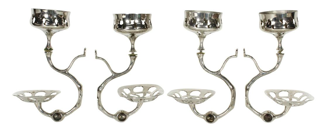Edwardian Bath Accessories (4), 2 pair of early 1900's: Edwardian Bath Accessories (4), 2 pair of early 1900's shelf or towel bar brackets w/cup & soap holders, nickel-plated brass, Exc cond, 8.5"H.