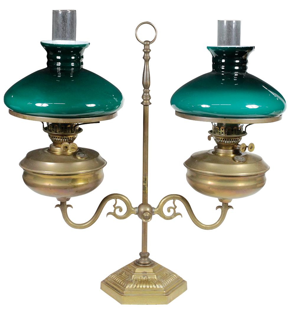 Lighting, English Double Student Lamp, 20th Century,: Lighting, English Double Student Lamp, 20th Century, brass & green cased glass, Duplex burners on adjustable bracket, VG cond, 24"H x 23"W x 9" Dia.