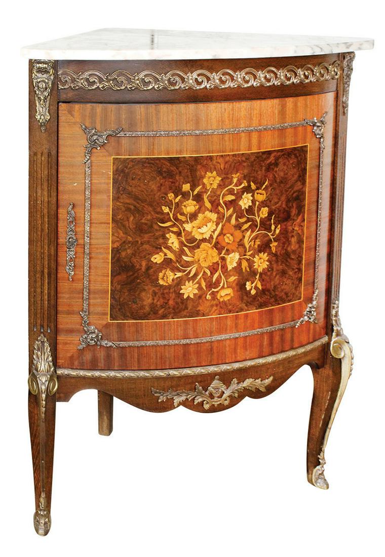 Furniture, Italianate Marquetry & Marble Corner: Furniture, Italianate Marquetry & Marble Corner Cabinet, mahogany w/satinwoods inlaid on a burr wood ground & ormolu mounts, VG cond, 36"H x 27.5"W x 17.5"D.