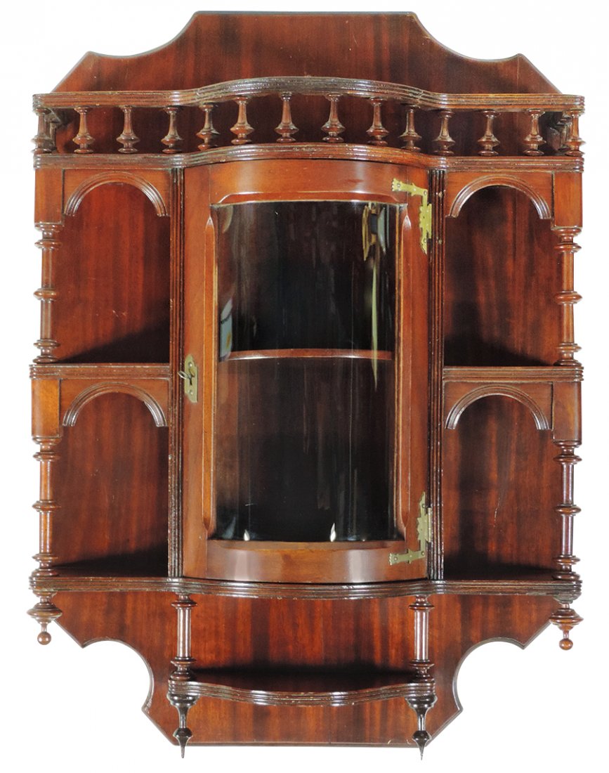 Furniture, Mahogany Wall Mounted Curved Glass Curio,: Furniture, Mahogany Wall Mounted Curved Glass Curio, 19th Century, door & two shelves below a turned spindle gallery, VG "room ready" cond noting a later finish & insignificant repairs, 29"H x 21"W x 