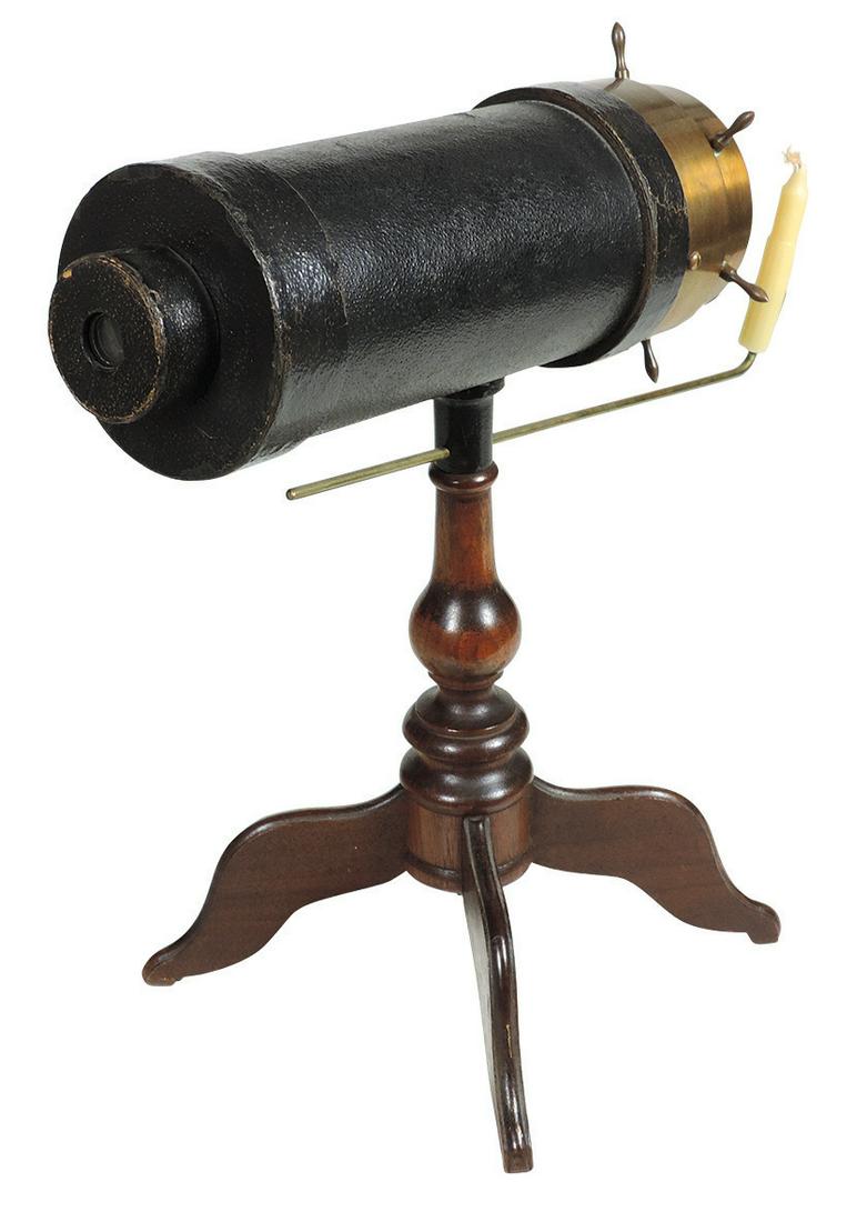 Scientific Instrument, Kaleidoscope, 19th Century: Scientific Instrument, Kaleidoscope, 19th Century Continental, wood, brass & leather w/candle illumination on tripod stand, VG cond w/some scuffs on leather, 13"H x 14"W.