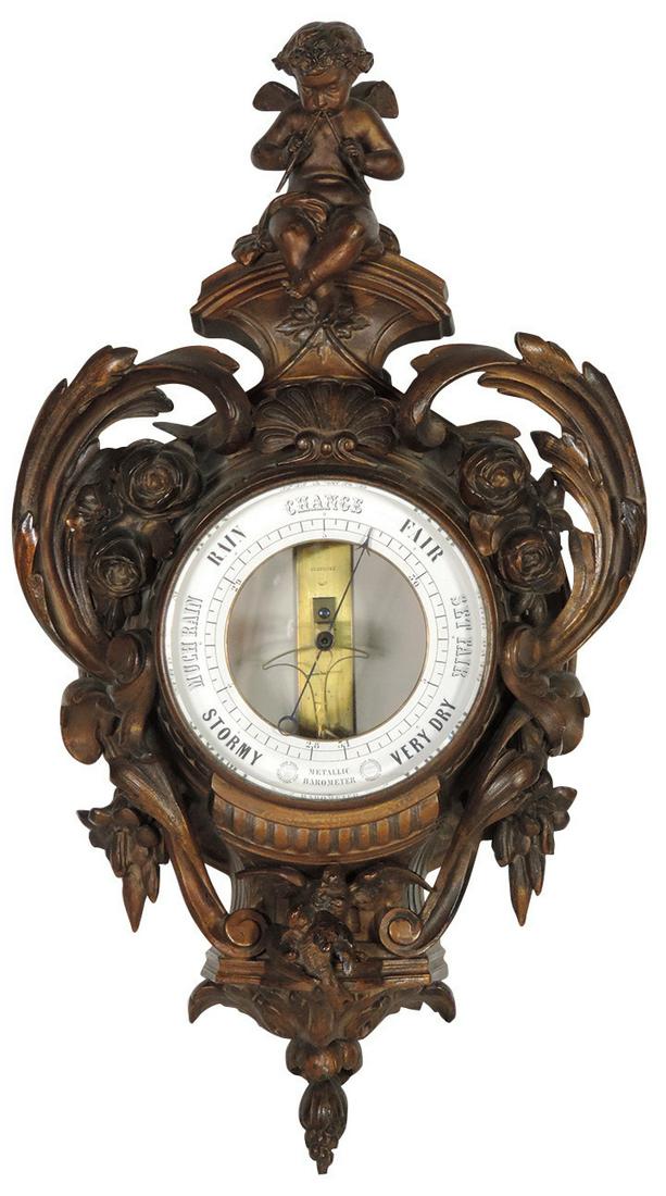 Scientific instrument, Louis XV Style Barometer, French: Scientific instrument, Louis XV Style Barometer, French 19th Century, cast metal w/Rococo scrolls, flowers, birds & Cherub finial, VG cond w/early touch-ups to bronzed finish, 19"H x 10"W x 4"D.