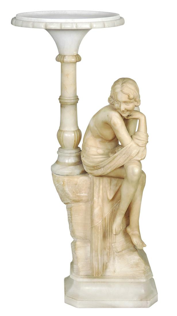 Lighting, Italian Carved Alabaster Figural Lamp, "G.: Lighting, Italian Carved Alabaster Figural Lamp, "G. Mascagni", Early 20th Century, sculpted as an Art Deco nude posed on rockery plinth, signed on verso, domed shade absent, VG cond w/no repairs but 