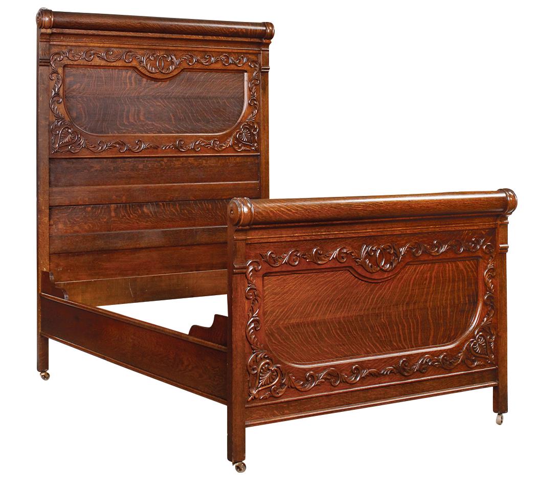 Furniture, Victorian Oak Bedstead, c.1900, high back: Furniture, Victorian Oak Bedstead, c.1900, high back tiger-stripe paneled headboard w/carved scrolled acanthus & rolled top edge, matching footboard, Exc orig cond & finish, 75"H x 57"W, inside dims 5