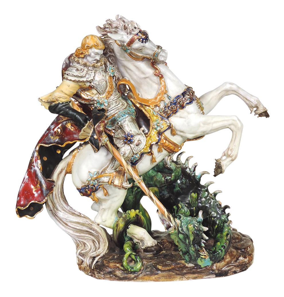 Decorative, Eugenio Pattarino glazed redware figure of: Decorative, Eugenio Pattarino glazed redware figure of St. George and the Dragon, c.1960, finely sculpted in the round w/multicolored glazes, signed "Prof. Eugenio Pattarino-Firenze", VG cond w/few sc