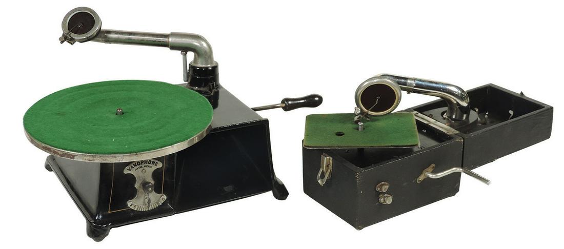Phonographs (2), both windups, portable "Pet-o-fone",: Phonographs (2), both windups, portable "Pet-o-fone", VG working cond & Vanophone w/cast iron base, has damaged reproducer & sticking motor, up to 8"H x 11"W x 9"D.
