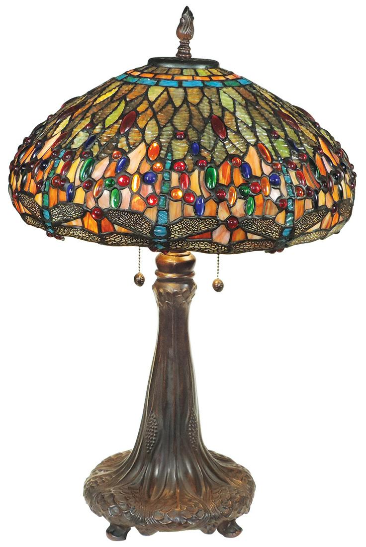 Lighting, Dale Tiffany Leaded Glass "Drop Head: Lighting, Dale Tiffany Leaded Glass "Drop Head Dragonfly" Table Lamp, 20th Century, domical shade w/rippled glass, jewels & filigree overlay wings on bronzed metal base, shade signed & numbered 02991/