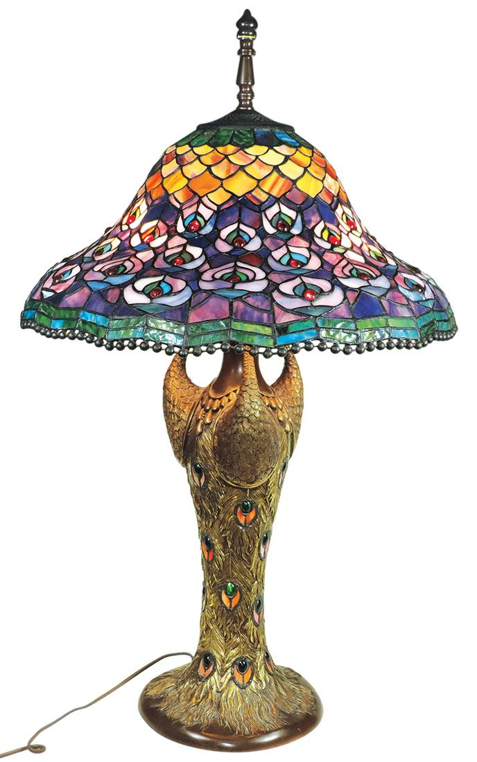 Lighting, Dale Tiffany Leaded Glass "Peacock" Table: Lighting, Dale Tiffany Leaded Glass "Peacock" Table Lamp, domed shade decorated w/jeweled peacock eyes in multicolored variegated glass tiles, raised on a parcel gilt "three peacock head" base inset w
