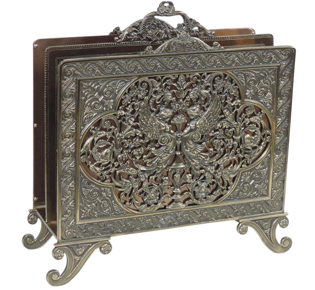 Furniture, Bronze Renaissance Revival Magazine Stand,: Furniture, Bronze Renaissance Revival Magazine Stand, ornate filigree panel w/copper back plate, Exc cond, 14"H x 15"W x 5"D.