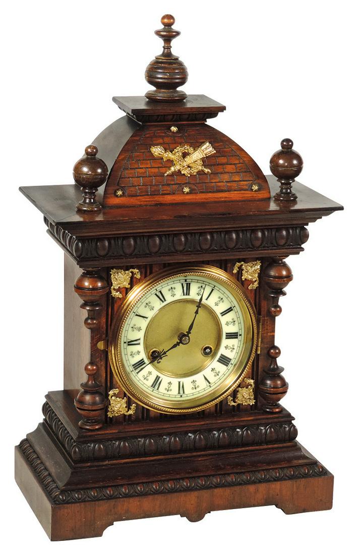 Clock, Junghans Bracket Clock, made in Germany c.1900,: Clock, Junghans Bracket Clock, made in Germany c.1900, walnut architectural form case w/egg & dart bands & gilt brass mounted, movement has chimes stamped "Junghans" & paper label w/Model #3062, VG to