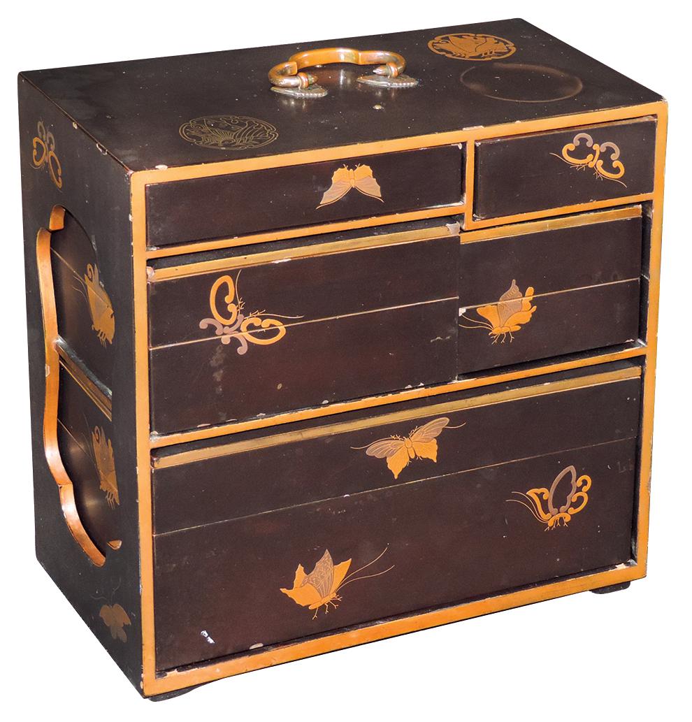 Japanese Gilt Lacquer Shodona, Meiji period, wood: Japanese Gilt Lacquer Shodona, Meiji period, wood w/dark brown lacquer, decorated w/two-tone gold lacquer butterflies & a bronze bail handle w/8 boxed slide-out trays, VG cond w/some small nicks, 11.5