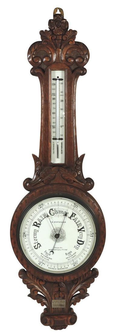 Scientific Instrument, Barometer, English, 19th Century: Scientific Instrument, Barometer, English, 19th Century T.B. Winter & Son oak cased "C" banjo form w/porcelain dial, engraved silver presentation plaque dated 1899, VG cond w/orig finish noting chips 