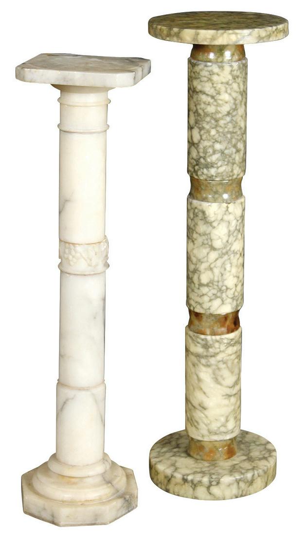 Decorative Victorian Hardstone Pedestals (2), turned: Decorative Victorian Hardstone Pedestals (2), turned column form in alabaster, one w/gray veining & one w/green veining, VG cond w/some nicks & minor chips, larger 39.5"H x 11"Dia.