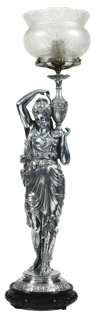 Lighting, Neo-Classic Figural Gas Newell Post Lamp,: Lighting, Neo-Classic Figural Gas Newell Post Lamp, 19th Century, burnished white metal, orig gas but later electrified, Good to VG cond w/repair to riser at urn, loss to one urn handle & later wood b
