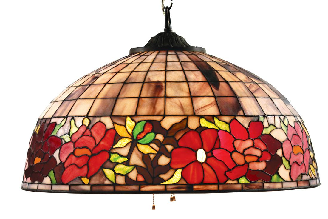 Lighting, Stained Glass Lamp, Jack Hurley Studios,: Lighting, Stained Glass Lamp, Jack Hurley Studios, hanging shade w/floral band, signed w/tag & numbered "7218", Exc cond, 12"H x 22"Dia.
