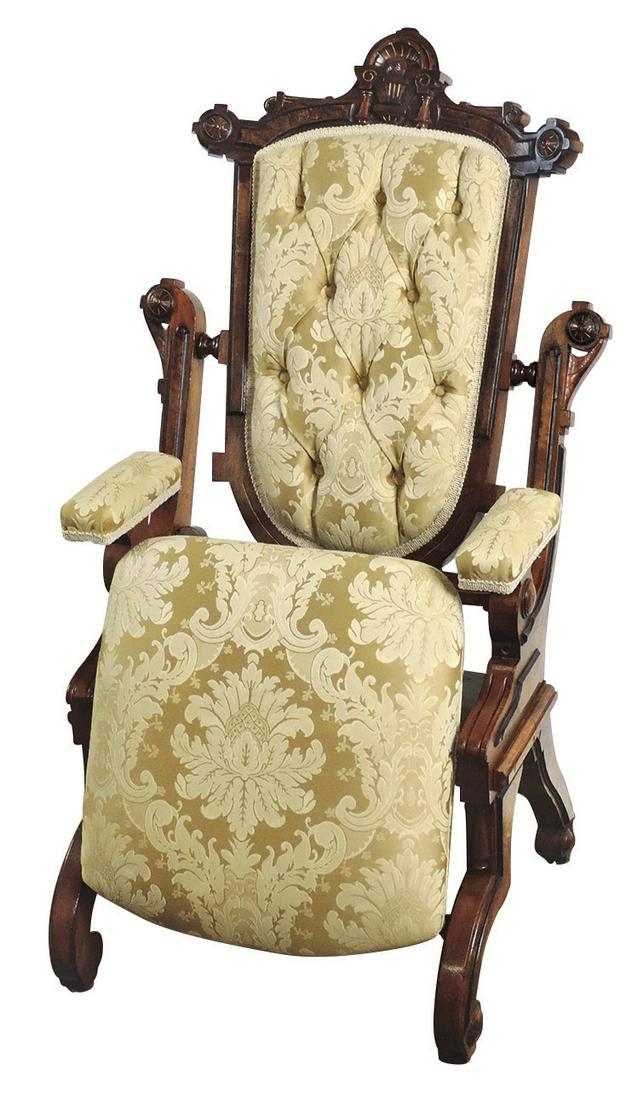 Furniture, Victorian Renaissance Revival Walnut Folding: Furniture, Victorian Renaissance Revival Walnut Folding Chair w/carved decoration, burr wood panels & later damask upholstery, VG refinished cond retaining orig ebonized accents, 40"H x 21"W x 25"D (1