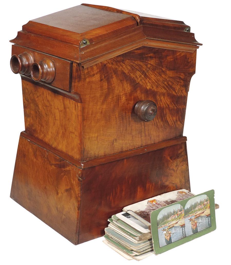 Victorian Photography, Mahogany parlor table "Pour: Victorian Photography, Mahogany parlor table "Pour Deux" stereo viewer, highly flame-figured veneer panels w/carousel card holder & fold-out reflector panels, complete w/52 associated period printed v